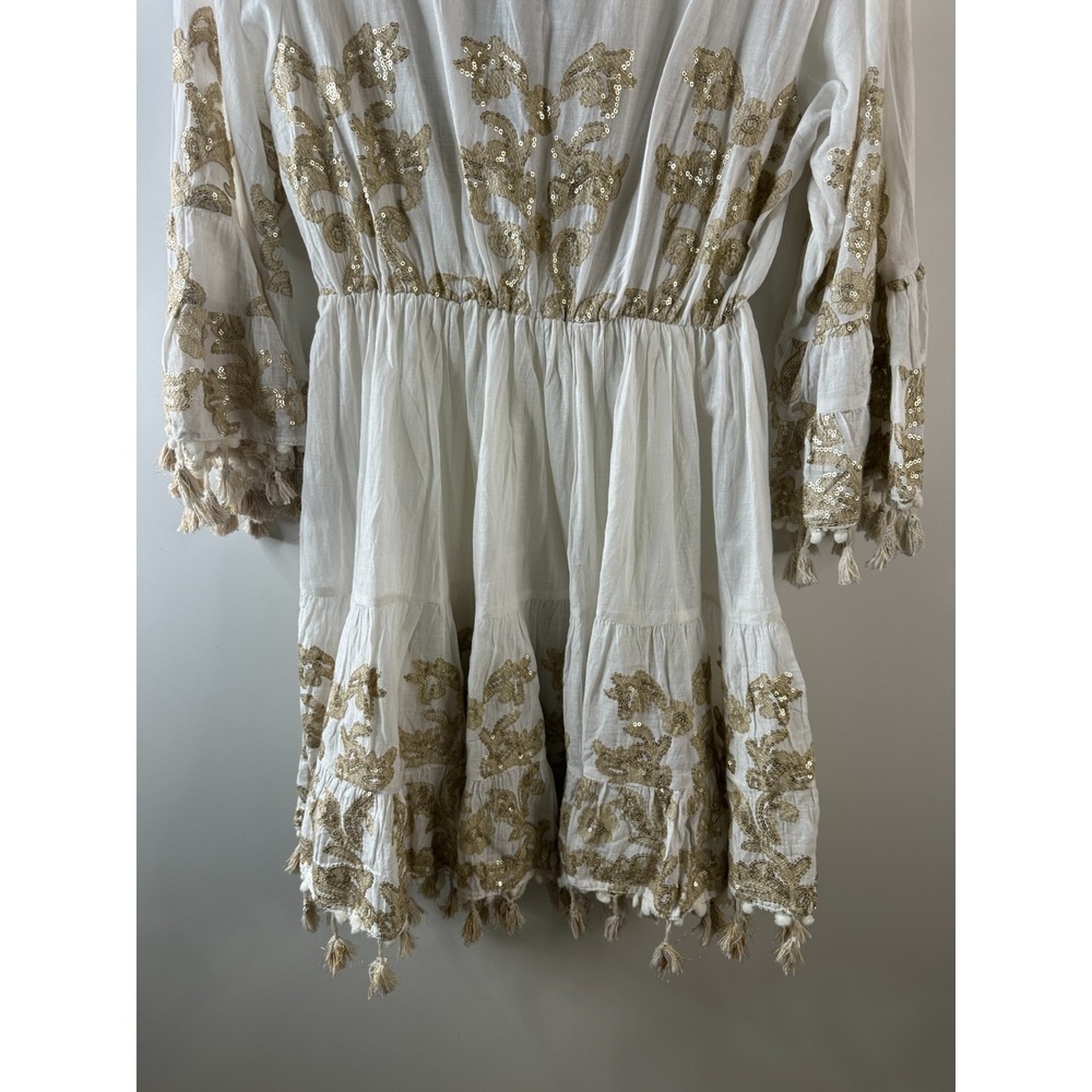 NWT Antica Sartoria Dress One Size White Gold Sequin Tassel Boho Beach Cotton - Picture 13 of 14
